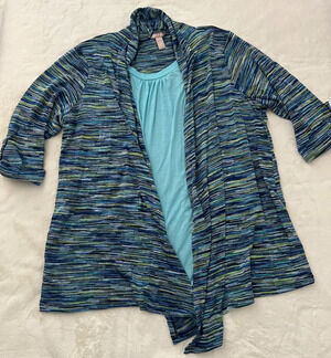White Stag Womens 2X 18W 20W Blue Green Striped Layered Cardigan Top